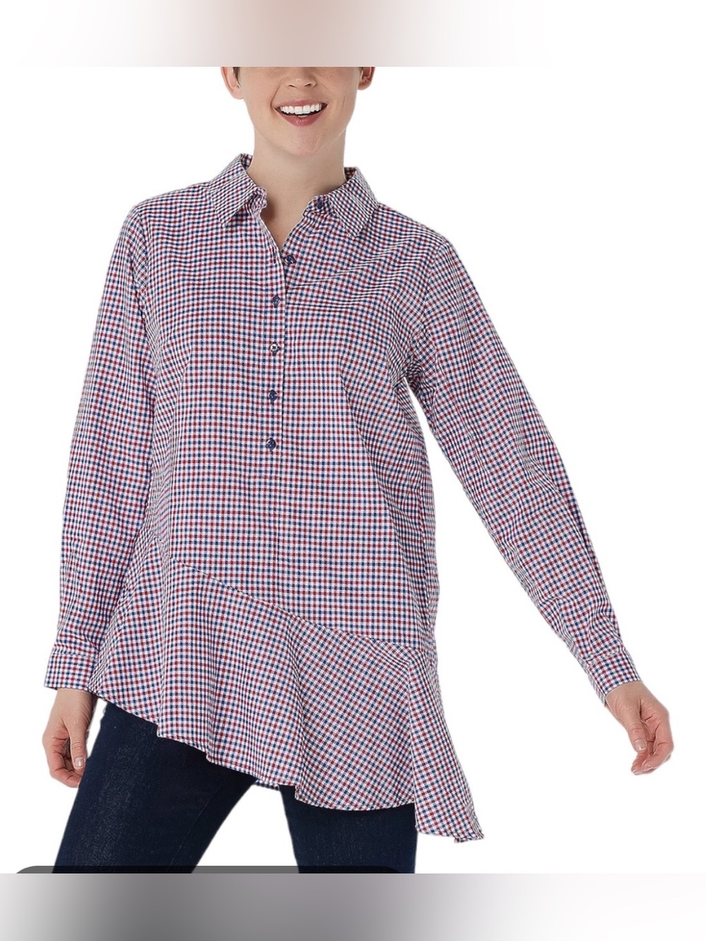 JOAN RIVERS  Women’s  Multicolor BF Gingham LS Tunic With Asymmetric Hem Size 10
